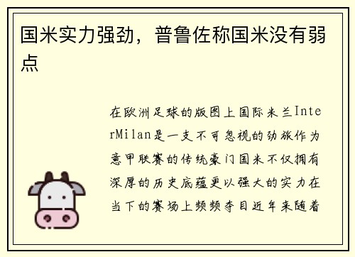 国米实力强劲，普鲁佐称国米没有弱点